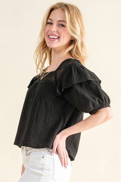 Square Neck Cotton Gauze Ruffled Blouse