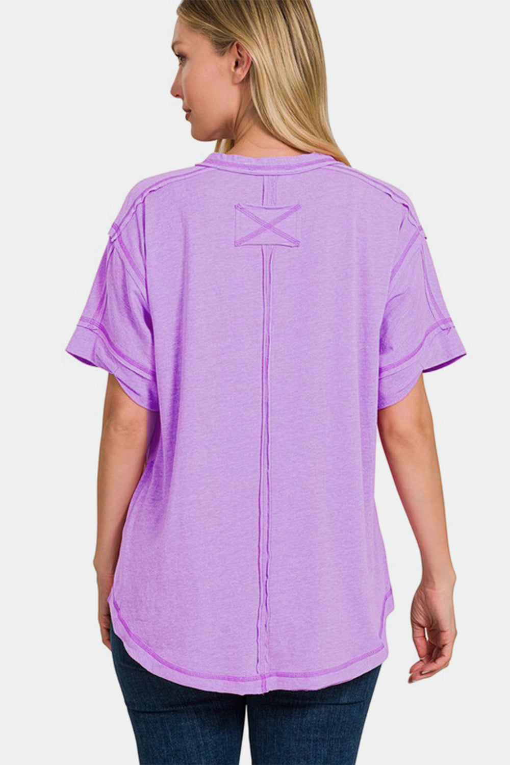 Exposed Seam Half Button Short Sleeve Top