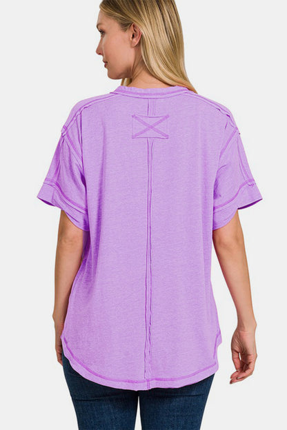 Exposed Seam Half Button Short Sleeve Top