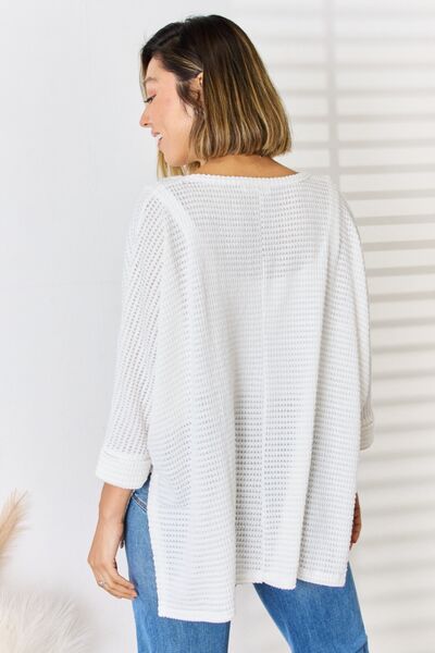 Waffle Knit V-Neck Long Sleeve Slit Top