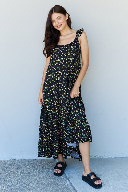 In The Garden Ruffle Floral Maxi Dress in  Black Yellow Floral