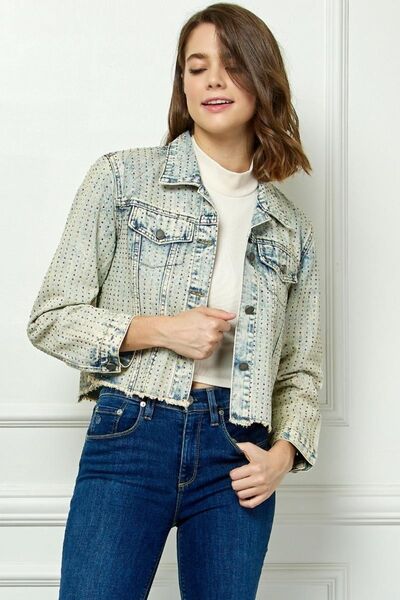 Multi Color Stripe Rhinestone Raw Hem Denim Jacket