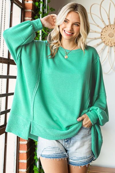 Exposed Seam Round Neck Dropped Shoulder Blouse