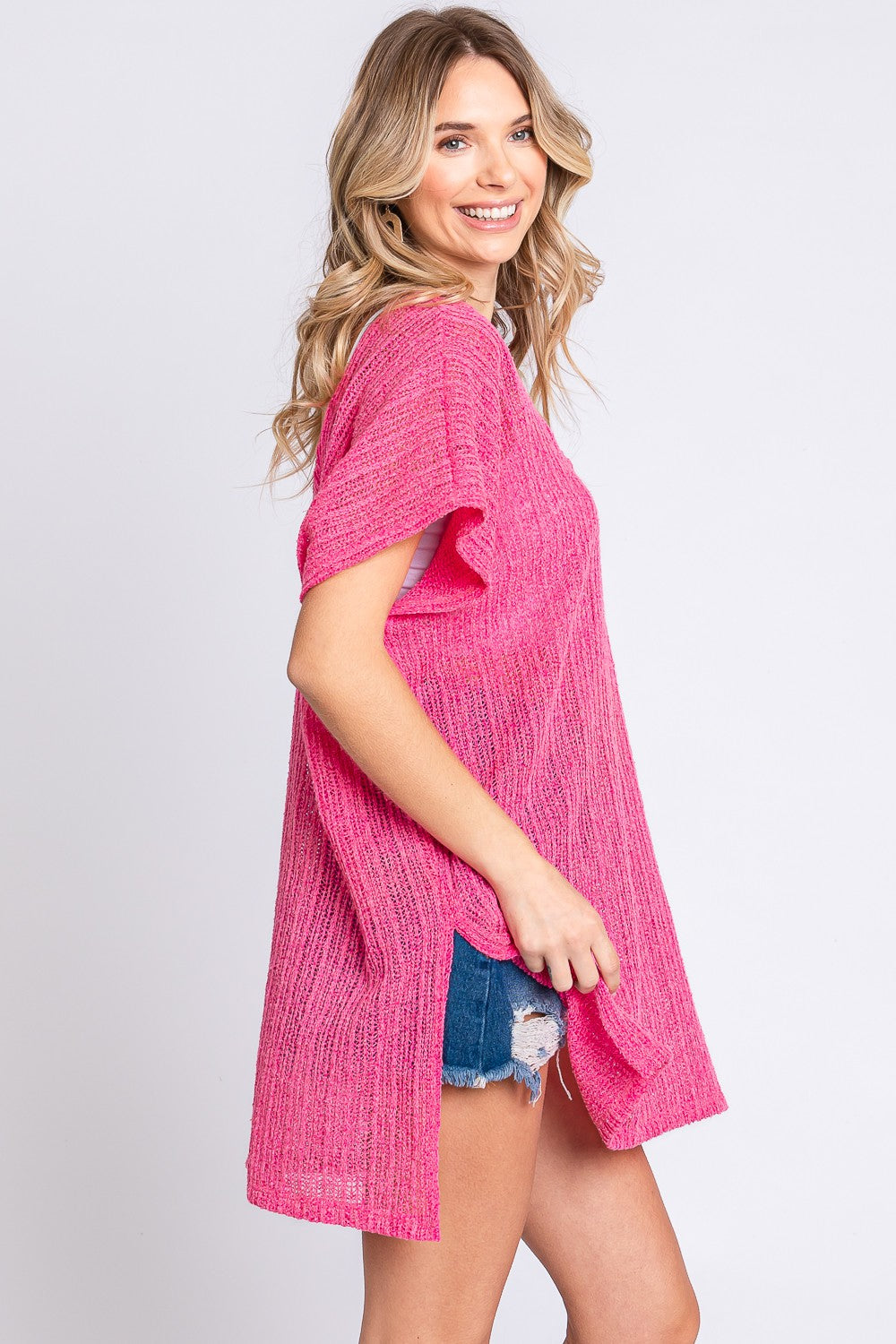 Short Sleeve Side Slit Knit Cover Up Dress