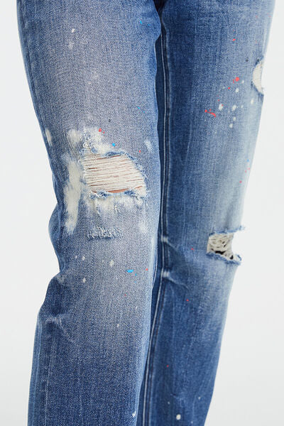 BAYEAS High Waist Distressed Paint Splatter Pattern Mom Jeans