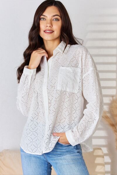 Long Sleeve Button Up Eyelet Shirt