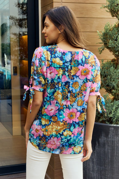 Floral V-Neck Tie Detail Blouse