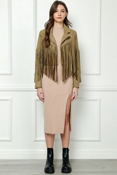 Suede Fringe Long Sleeve Moto Jacket