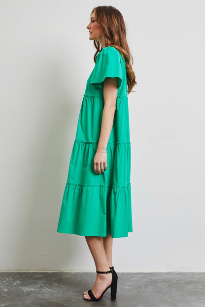 Cotton Poplin Ruffled Tiered Midi Dress