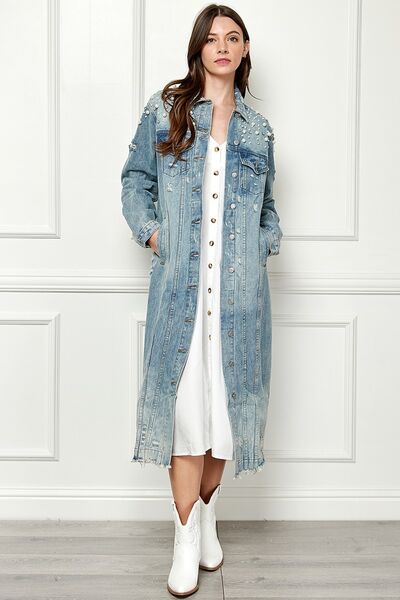 Distressed Raw Hem Pearl Detail Button Up Jacket