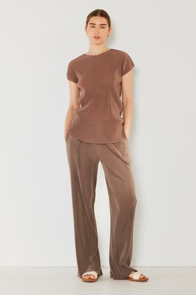 Rib Pleated Elastic-Waist Wide Leg Pants