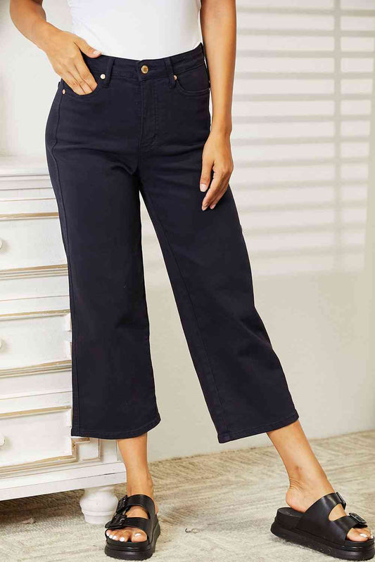 Judy Blue High Waist Tummy Control Garment Dyed Wide Cropped Jeans