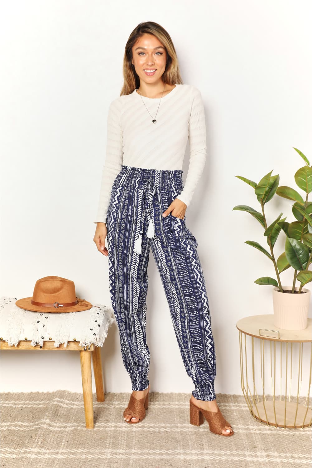 Geometric Print Tassel High-Rise Pants