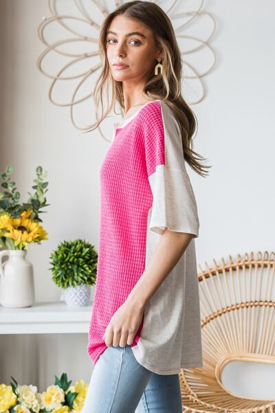 Contrast Waffle-Knit Half Sleeve Blouse