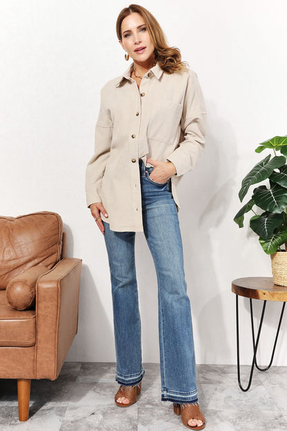 Oversized Corduroy  Button-Down Tunic Shirt with Bust Pocket