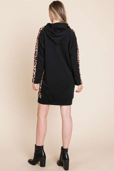 Drawstring Leopard Long Sleeve Hooded Dress