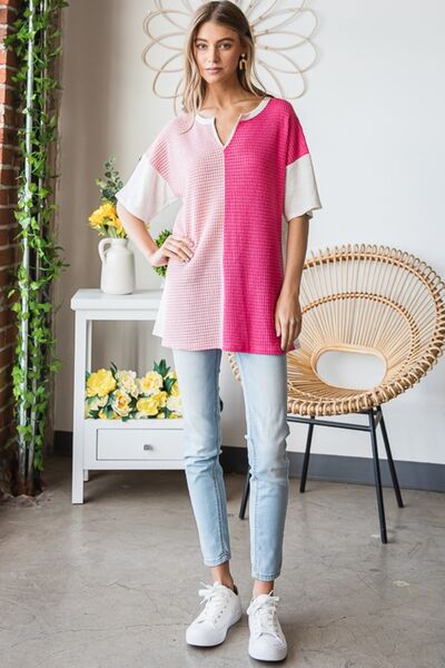 Contrast Waffle-Knit Half Sleeve Blouse