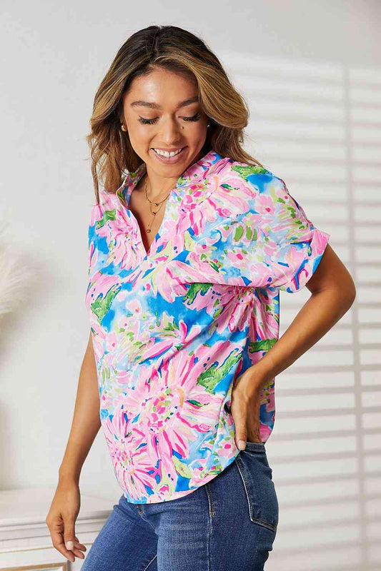 Floral Notched Neck Short Sleeve Top