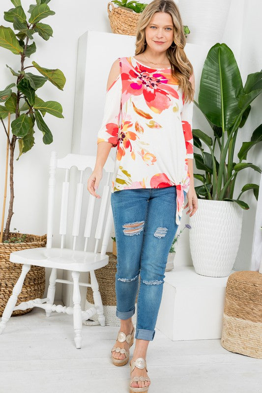 PLUS FLORAL COLD SHOULDER TOP