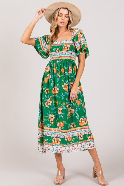 Printed Smocked Short Sleeve Midi Dress