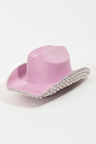 Pave Rhinestone Pearl Trim Cowboy Hat