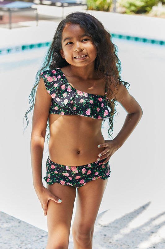 Clear Waters Two-Piece Swim Set in Black Roses