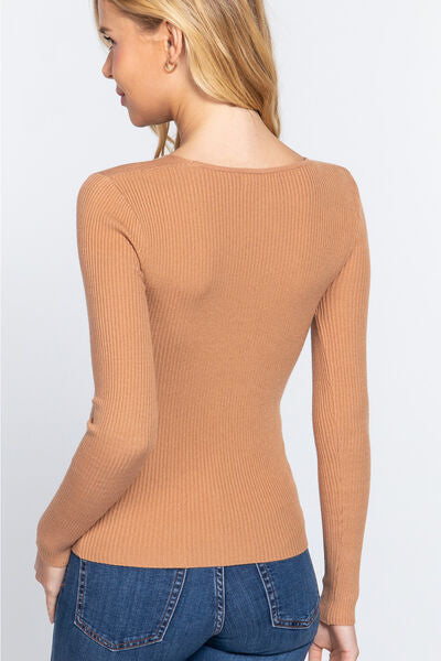 V-Neck Fitted Viscose Rib Knit Top