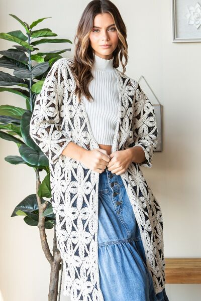 Geometric Open Front Three-Quarter Sleeve Cardigan