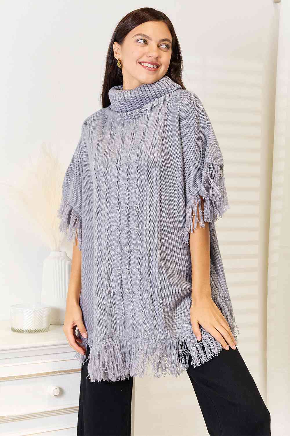 Turtle Neck Fringe Poncho