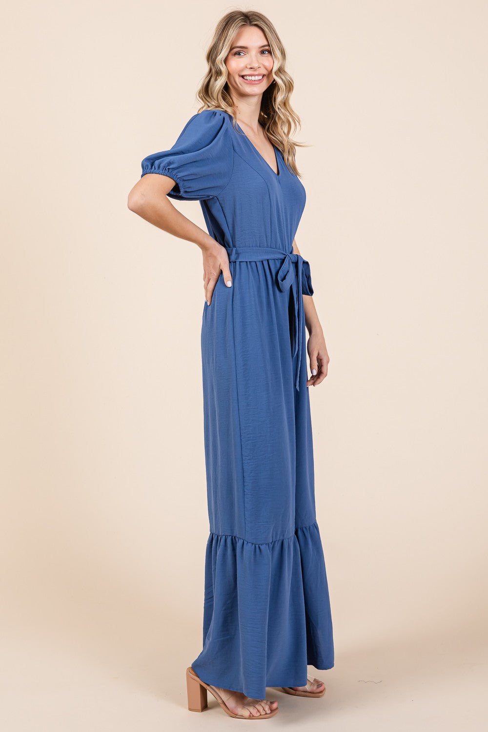 V-Neck Belted Wide Leg Jumpsuit