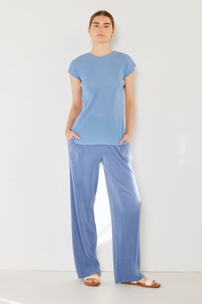 Rib Pleated Elastic-Waist Wide Leg Pants