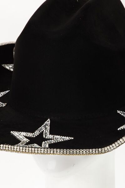 Rhinestone Star Wide Brim Faux Suede Hat