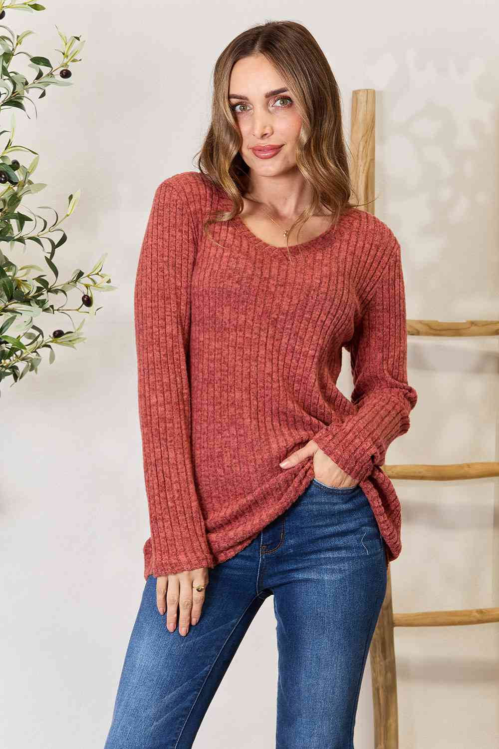 Ribbed V-Neck Long Sleeve T-Shirt