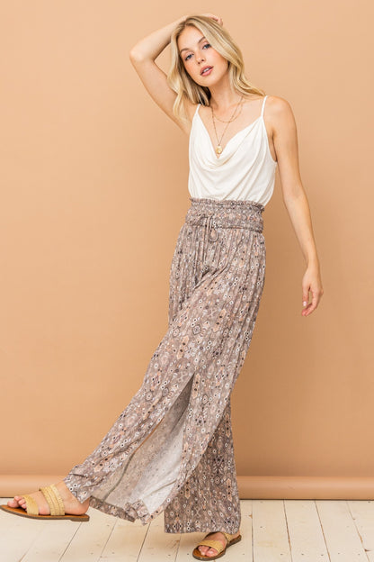 Printed Smocked Waist Slit Wide Leg Pants