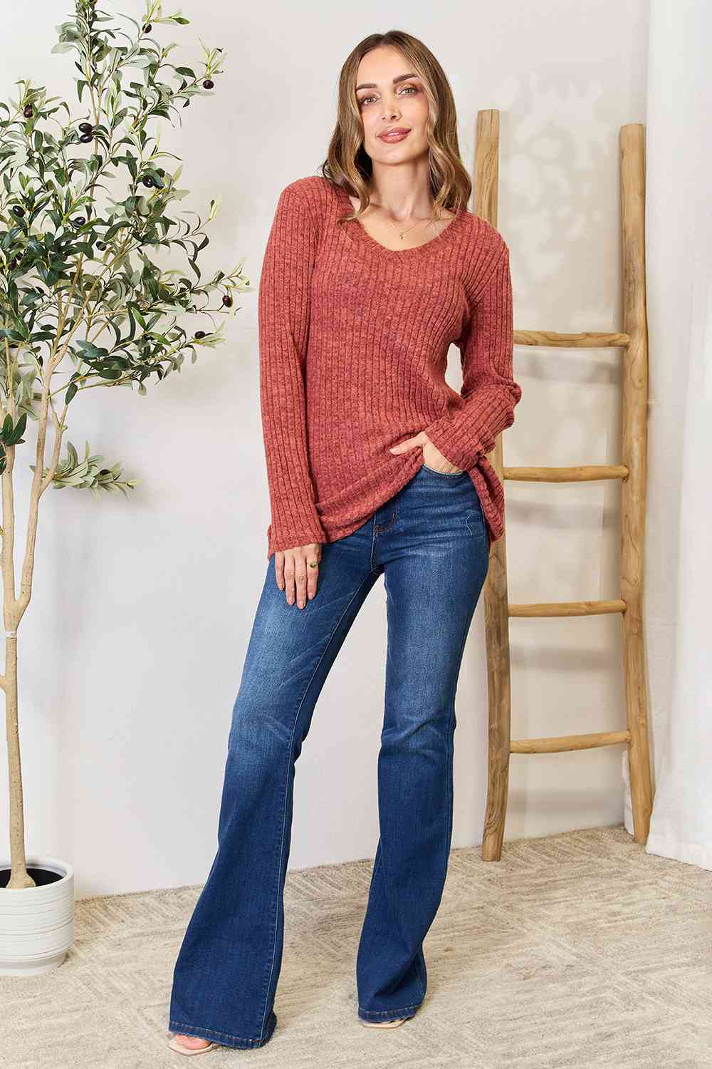 Ribbed V-Neck Long Sleeve T-Shirt