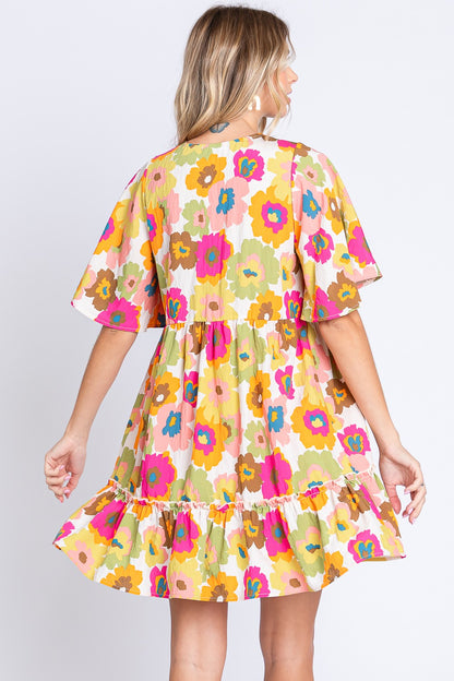 Floral V-Neck Ruffle Trim Mini Dress