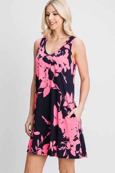 Floral V-Neck Tank Dress with Pockets