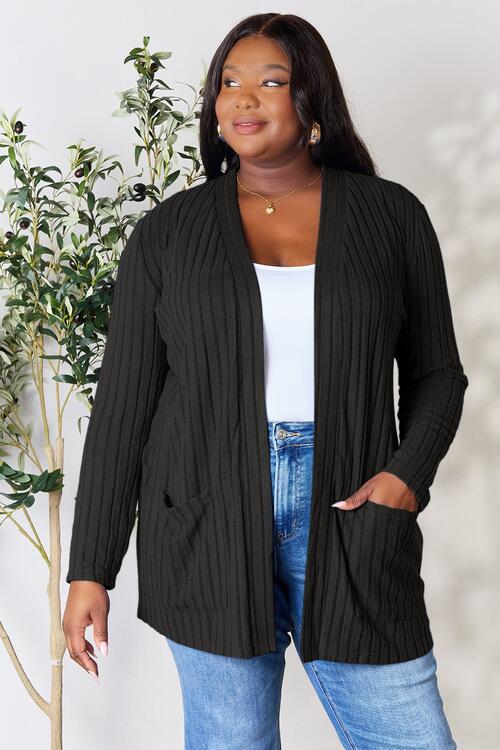 Ribbed Open Front Cardigan with Pockets