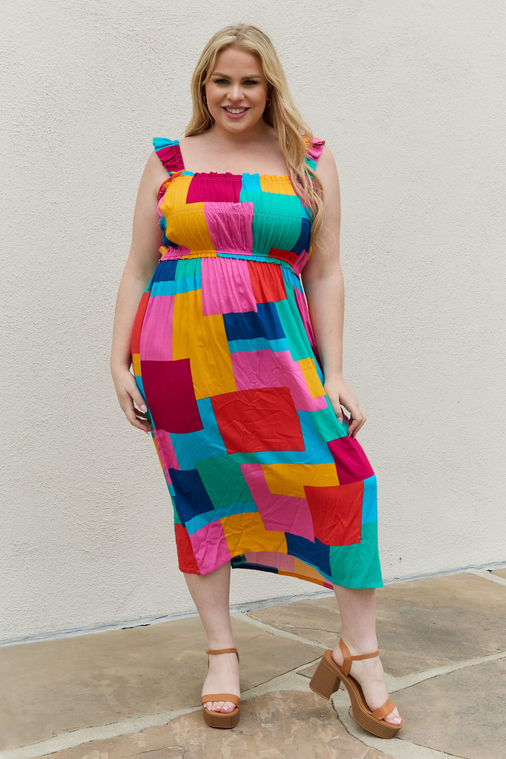 Multicolored Square Print Summer Dress