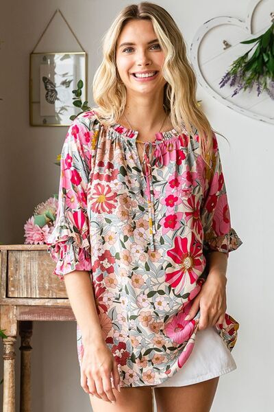 Printed Tie Neck Flounce Sleeve Blouse