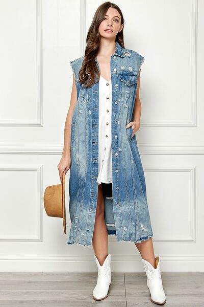 Distressed Sleeveless Longline Denim Jacket