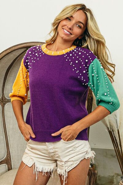 Color Block Pearl Detail Round Neck Sweater