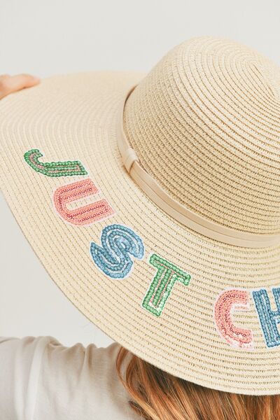 Sequin Letter Graphic Wide Brim Straw Hat