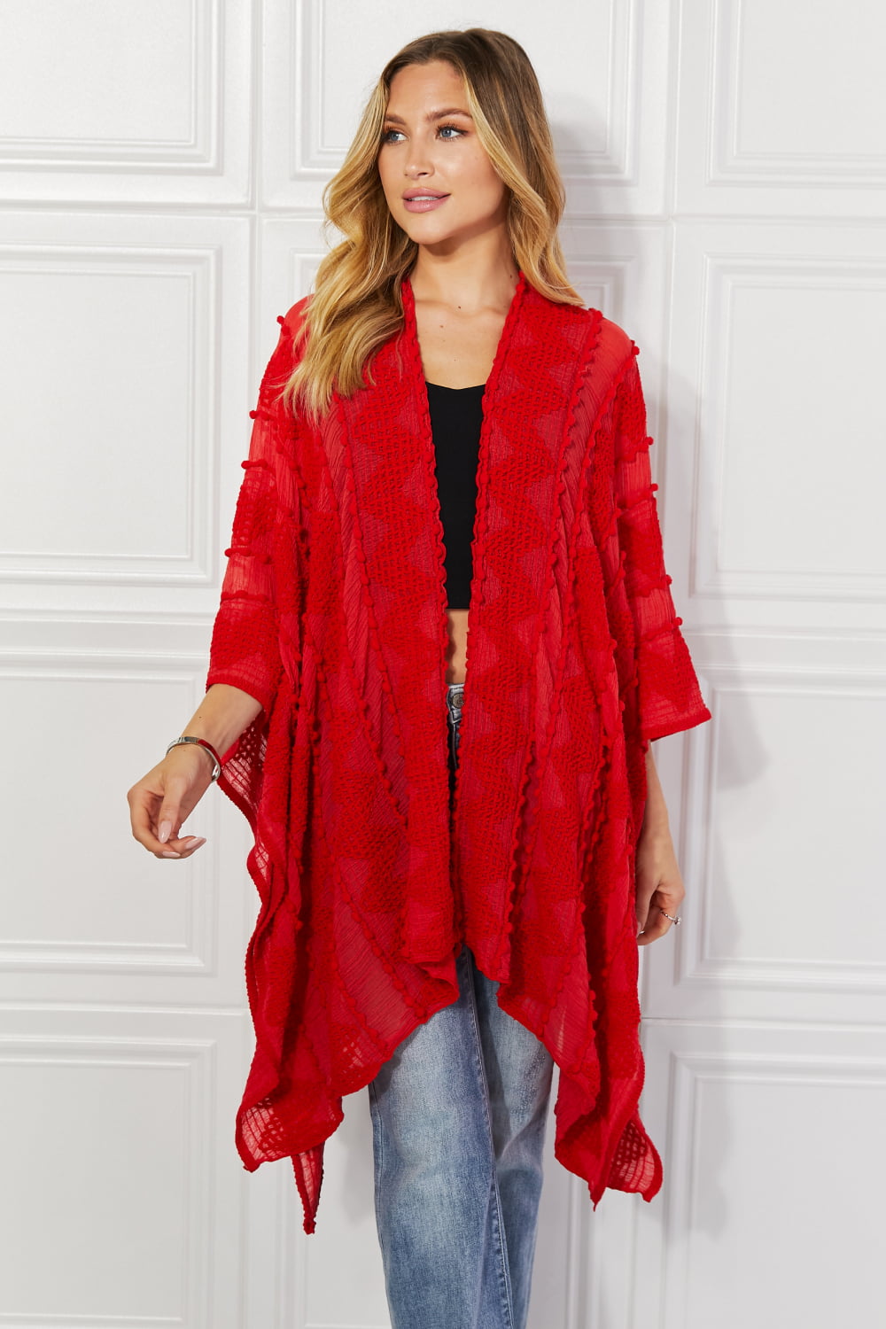 Pom-Pom Asymmetrical Poncho Cardigan in Red