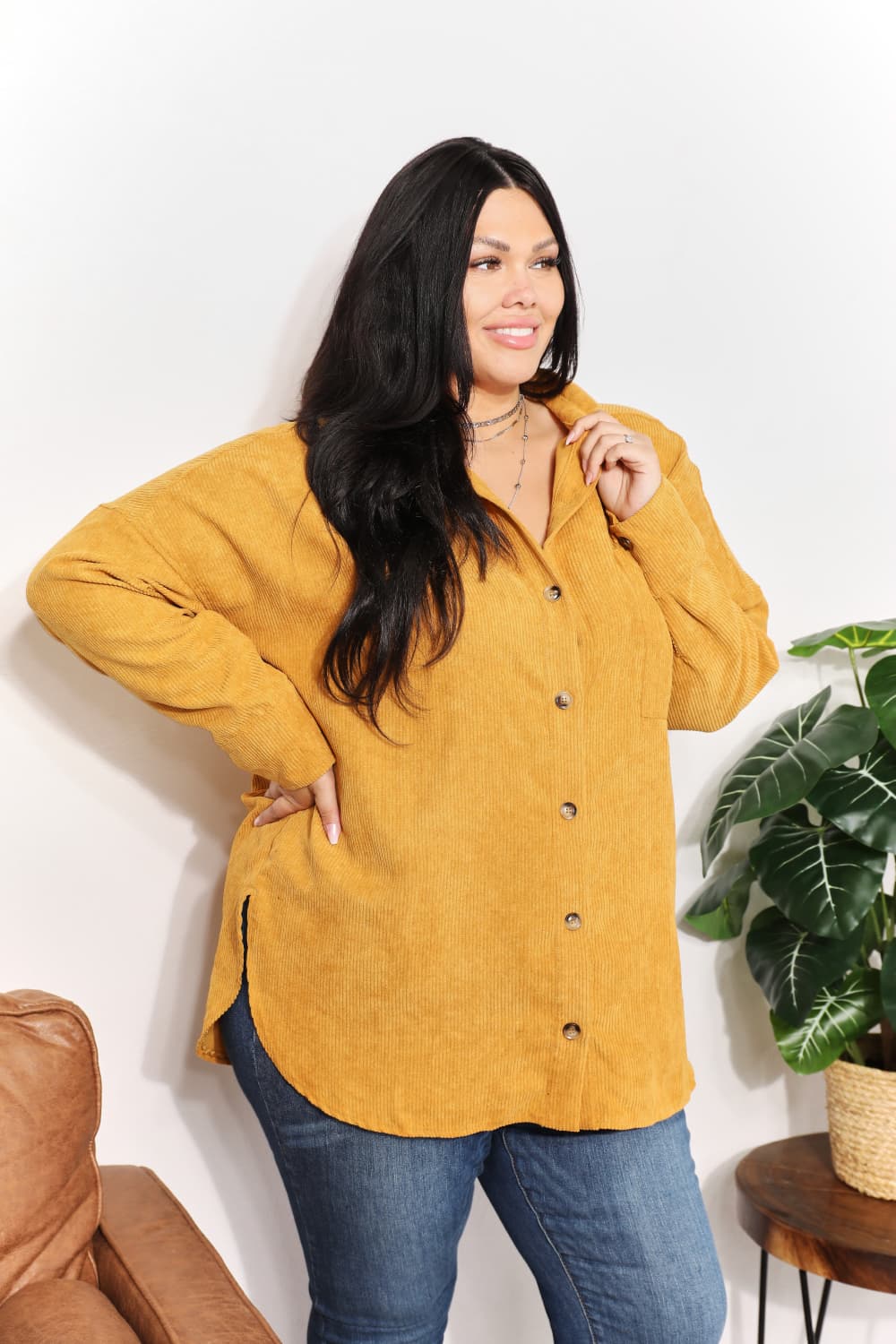 Oversized Corduroy  Button-Down Tunic Shirt with Bust Pocket