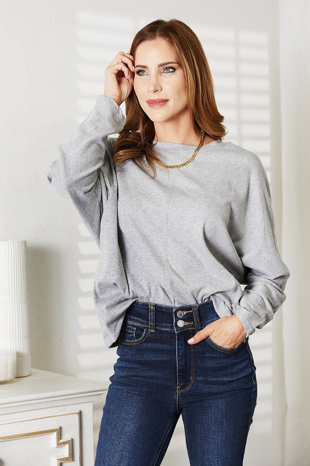 Seam Detail Round Neck Long Sleeve Top