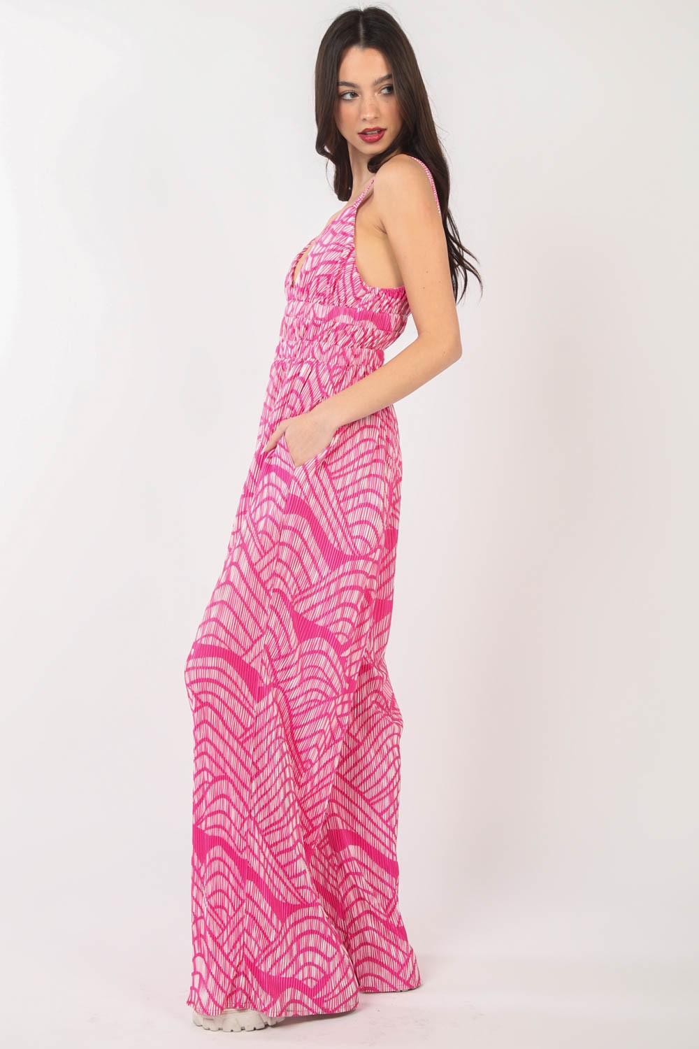 Printed Pleated Sleeveless Wide Leg Jumpsuit