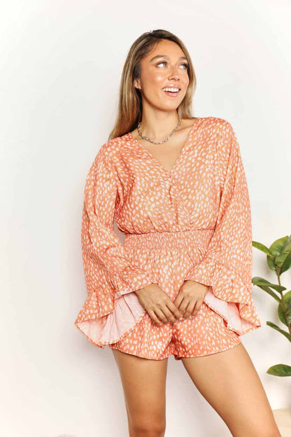 Printed Flare Sleeve Surplice Romper