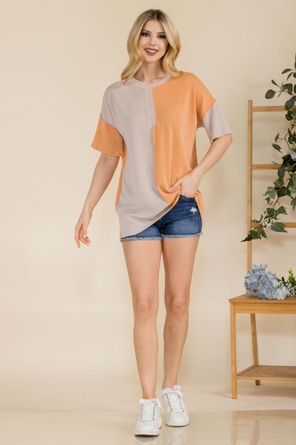 Ribbed Color Block Short Sleeve T-Shirt