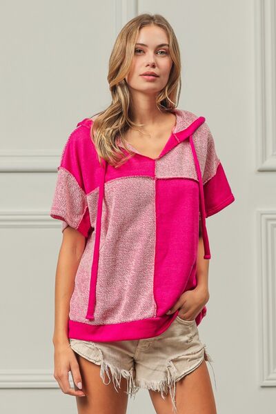 Color Block Exposed Seam Short Sleeve Hooded Top